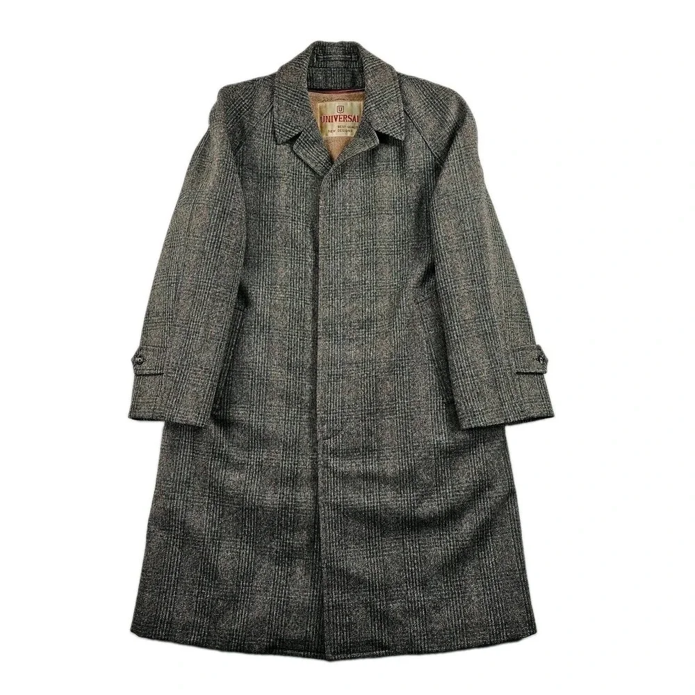 Vtg 80's Universal Tweed Balmacaan Raglan Coat 40S Tartan Plaid Zip Liner Fleck